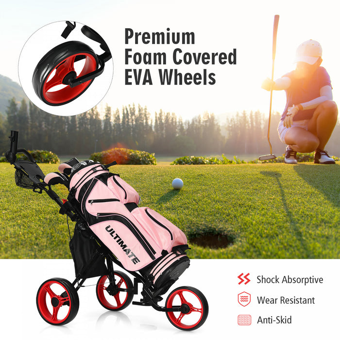 Chariot De Golf A 3 Roues, Chariot Leger Avec 4 Hauteurs Reglables, Chariot De Golf Pliable Avec Porte-parapluie Reglable Et Siege Hydraulique, Sac De Rangement, Porte-boisson, Frein A Pied