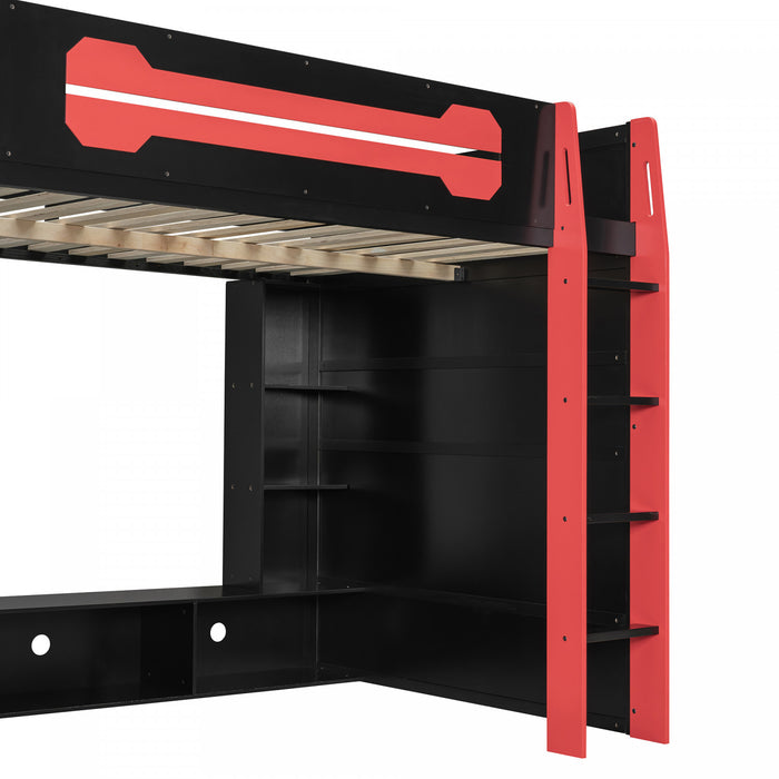 Olivia Lit mezzanine en bois avec bureau et etageres de rangement multiples, Lumiere RGB, Rouge