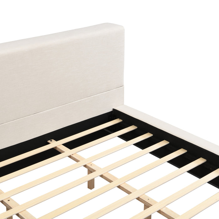 Lit plateforme rembourre Connor avec tete et pied de lit en lin, taille King, beige