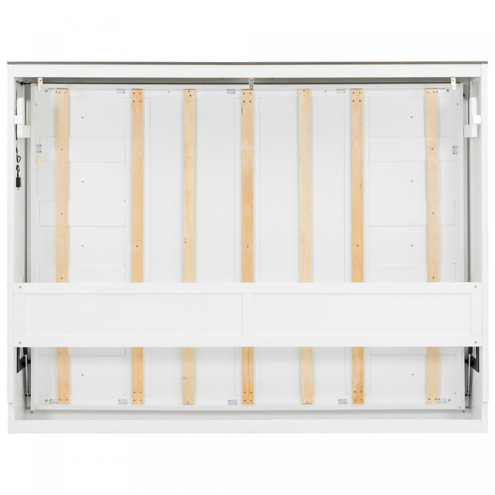 Lit escamotable Olivia en bois massif avec lumiere LED et armoire pliante, taille queen, blanc