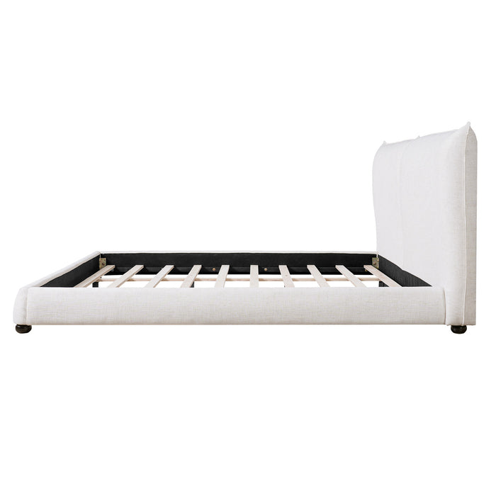 Lit plateforme Mason en tissu melange de lin avec tete de lit rembourree a coussins, taille king, blanc