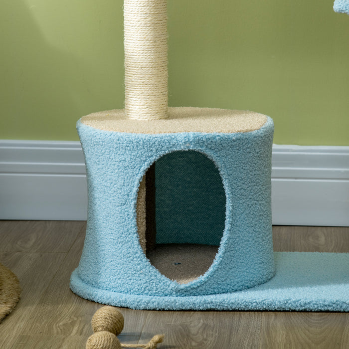 Pawhut 41\" Arbre A Chat Pour Chats D'interieur Avec Maison Et Lit En Peluche Polaire, Tour Pour Chaton Avec Griffoir, Jouet Suspendu En Forme De Lune, Plate-forme Etoile, Bleu