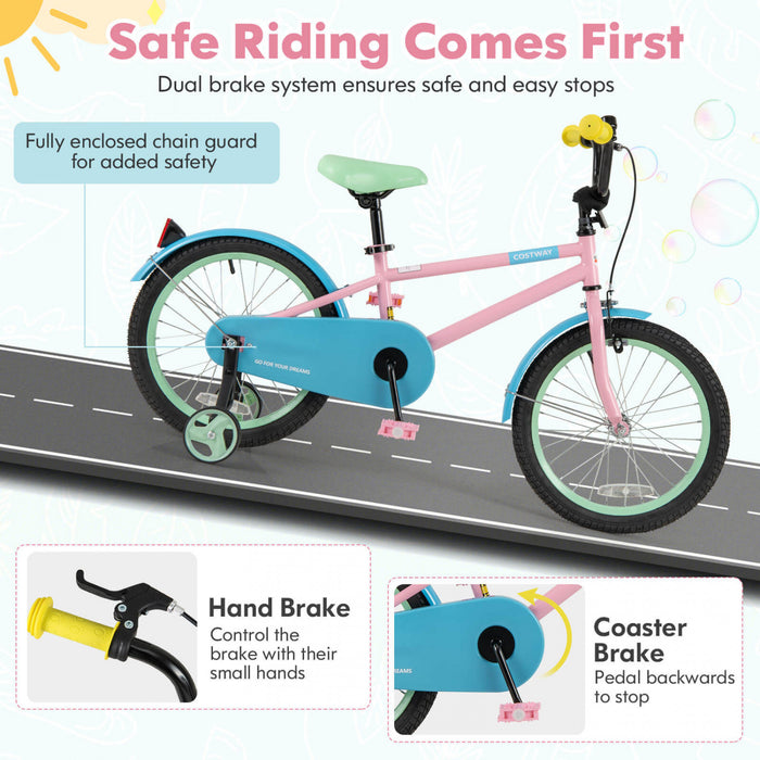 Costway 18\" Velo Pour Enfants Avec Guidon De Selle Reglable Roues D'entrainement Amovibles Frein A Main Rose