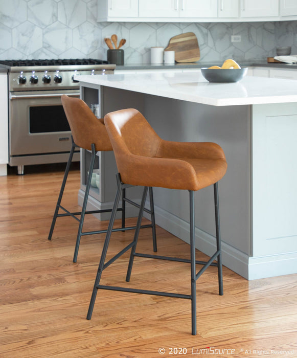 Tabouret industriel Daniella de hauteur comptoir en similicuir chameau - ensemble de 2