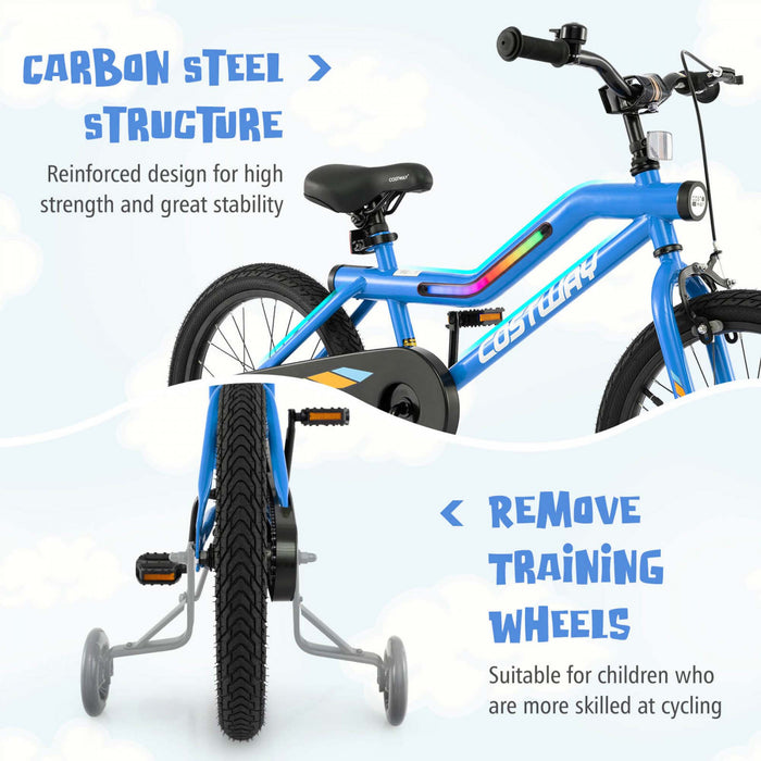 Costway 18\" Led Eclaire Velo Pour Enfants Avec Siege Reglable Coaster Frein Roues D'entrainement Bleu