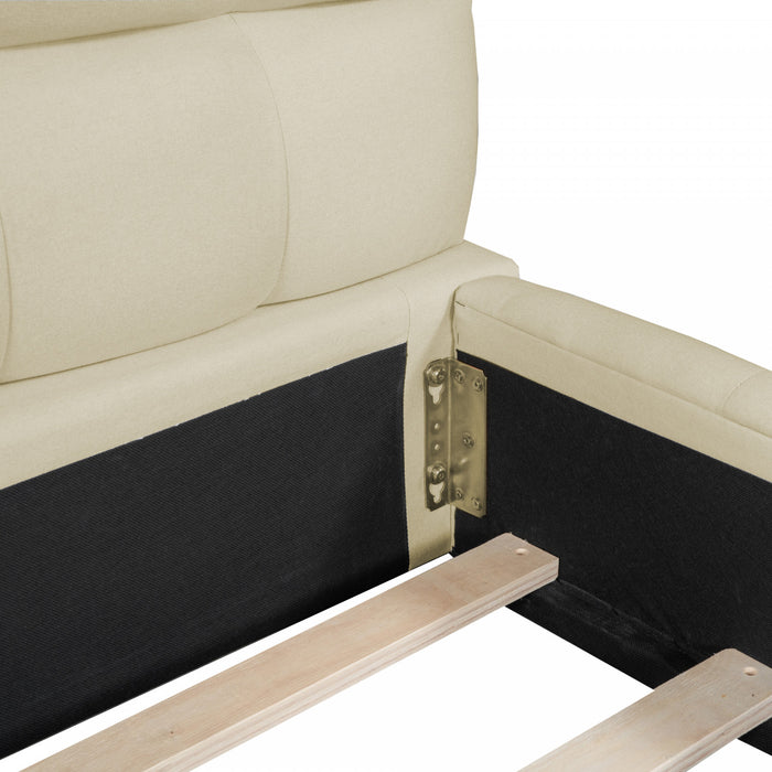 Lit plateforme rembourre Jessica avec tissu en lin confortable et cadre robuste, taille Queen, beige