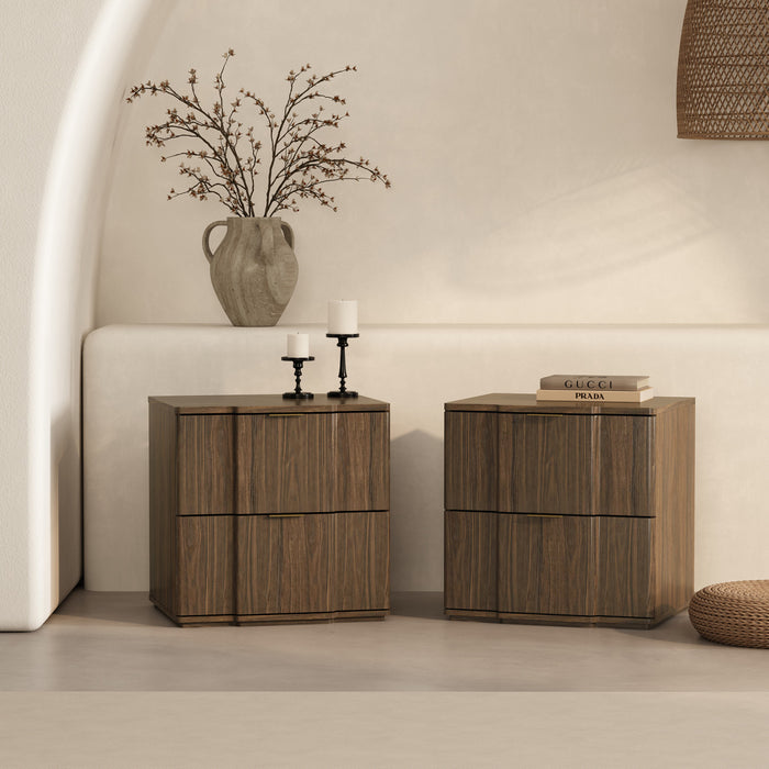 Table de nuit Clive style milieu du siecle 56 cm en noyer et or (2 tiroirs)