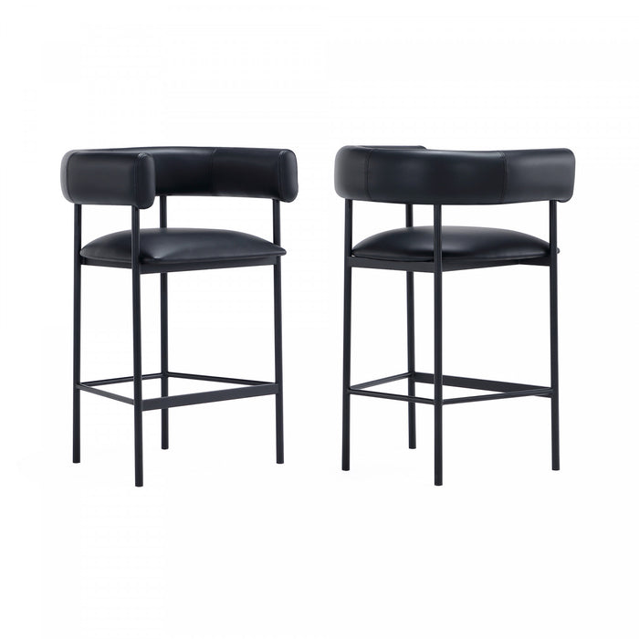 Tabouret de comptoir contemporain Onda en cuir vegetalien et metal, coloris noir