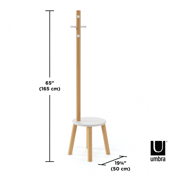Portemanteau et tabouret modernes Pillar de Umbra en bois - blancs et naturels