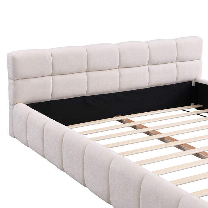 Eleanor Lit elegant avec revetement en chenille et design a damier, Taille Queen, Beige