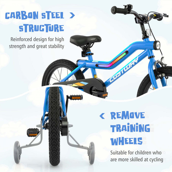 Costway 16\" Led Eclaire Velo Pour Enfants Avec Siege Reglable Coaster Frein Roues D'entrainement Bleu