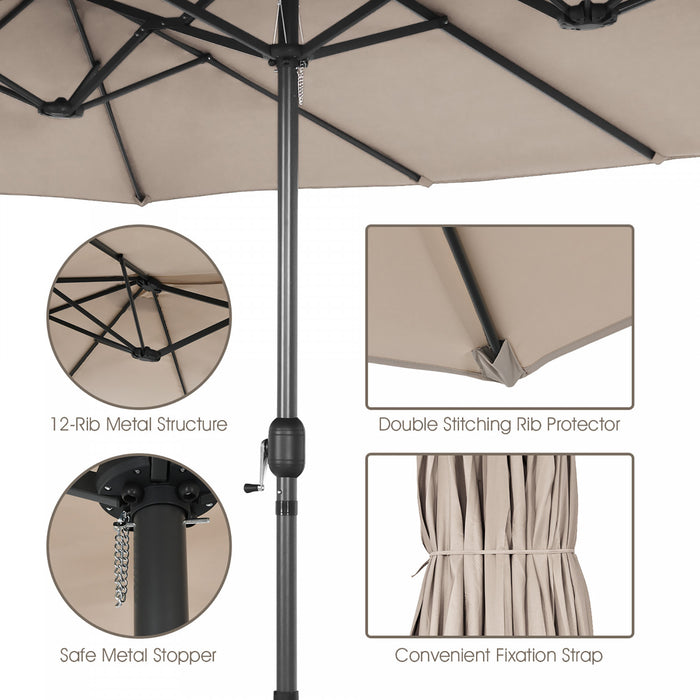Parasol de patio jumeau double face Costway de 15 pieds, ombrage exterieur, manivelle et base de marche beige