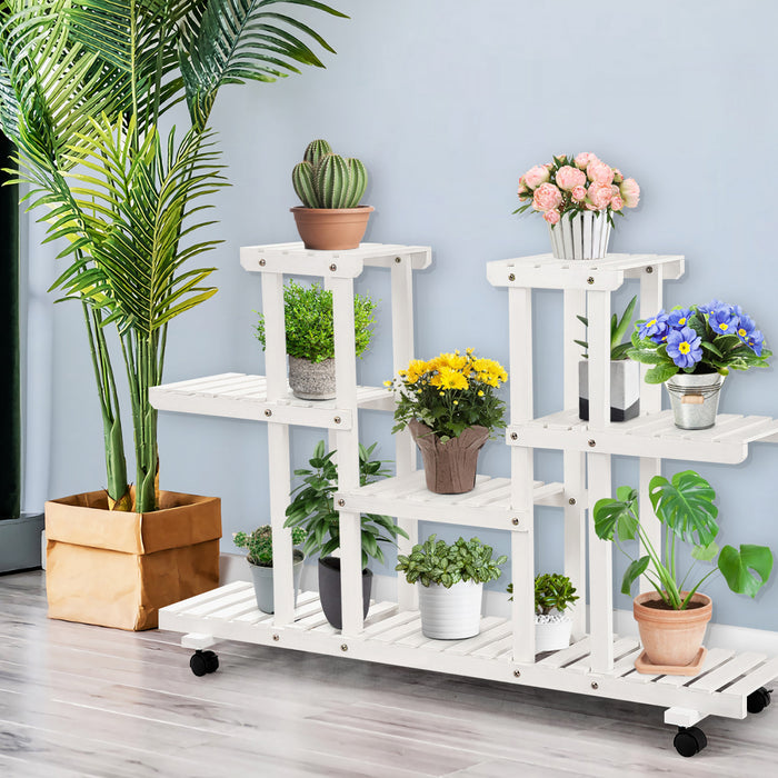 Costway 4 Niveaux Roulant Fleur Rack Bois Plante Stand Roulettes 12 Pots Bonsai Etagere D'affichage