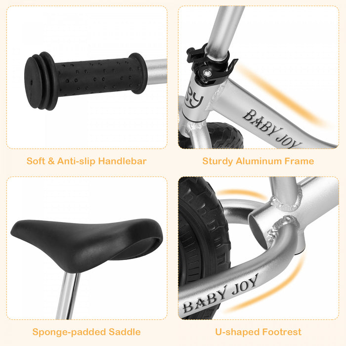 Velo D'equilibre En Aluminium Pour Enfants, Velo A Pousser Pour Tout-petits Avec Siege De Guidon Reglable, Pneus En Mousse Eva De 30,5 Cm, Velo D'equilibre Pour Tout-petits Et Enfants, Adapte Aux Enfants De Plus De 2 Ans, Noir Et Argent