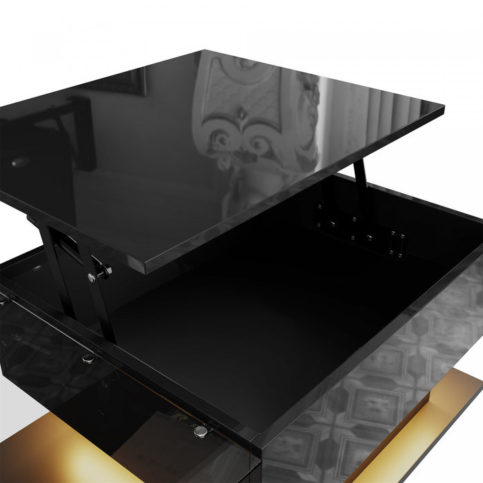Table Basse Moderne Jonson A Plateau Relevable Avec Eclairage Led, Noir Laque Brillant