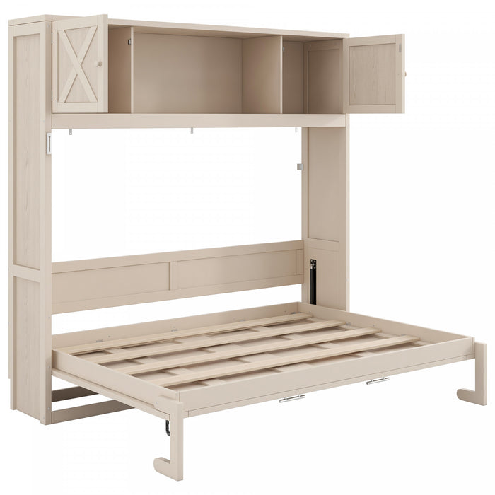 Lit escamotable Ethan en bois massif avec armoires de rangement, taille full, beige