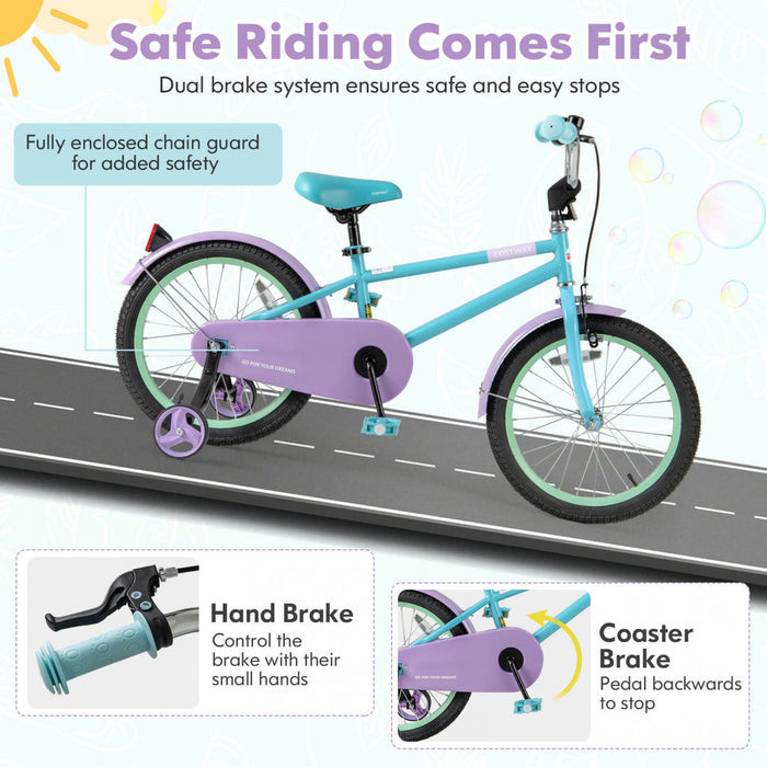 Costway 18\" Velo Pour Enfants Avec Guidon De Selle Reglable Roues D'entrainement Amovibles Frein A Main Bleu