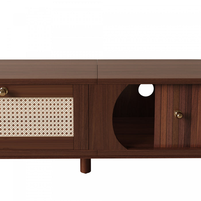 Rustic Meuble TV 67 po avec Portes Coulissantes en Rotin et Tiroirs, Bois