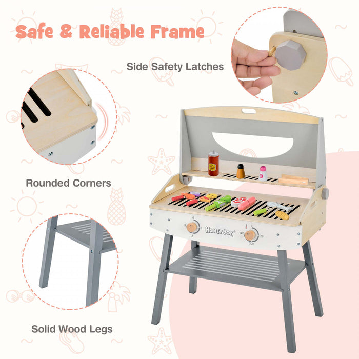 Ensemble De Barbecue De Jeu En Bois Pour Enfants, Barbecue Jouet Bbq Avec 17 Ustensiles De Grill En Bois Et Nourriture De Jeu, 4 Pieds En Bois Massif, Jeu De Cuisine D'imitation Pour Usage Interieur Et Exterieur, Cadeau Pour Garcons Et Filles De Plus De 3 Ans
