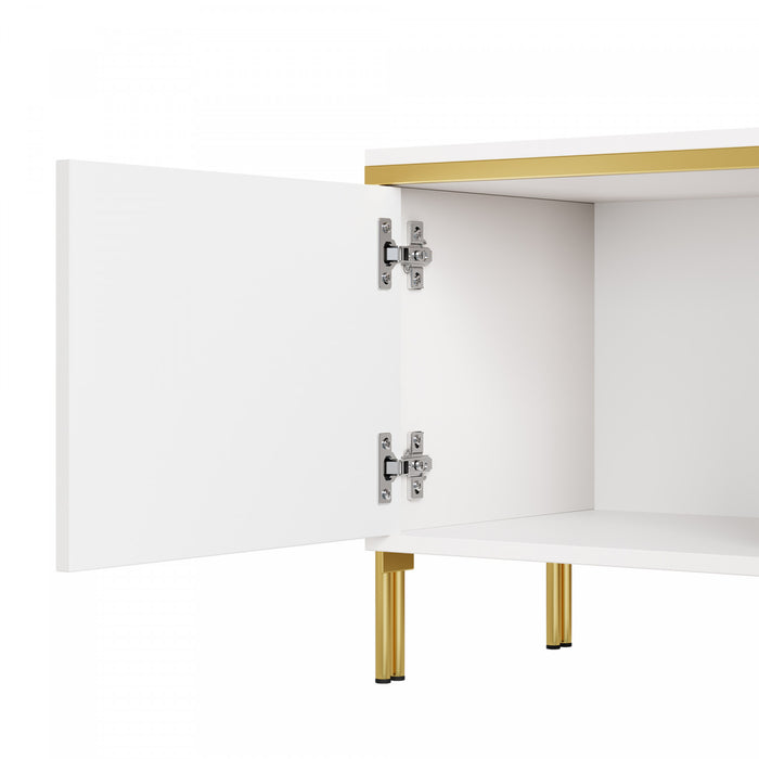Croma Meuble TV Moderne Haute Brillance 67 po avec Gestion des Cables et Garniture Doree, Blanc