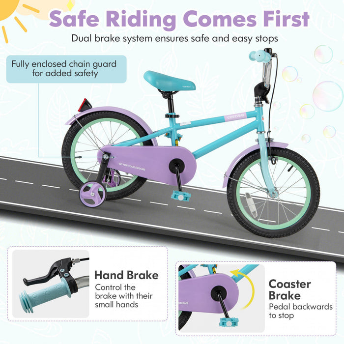 Costway 16\" Velo Pour Enfants Avec Guidon Reglable De Selle Roues D'entrainement Amovibles Frein A Main Bleu