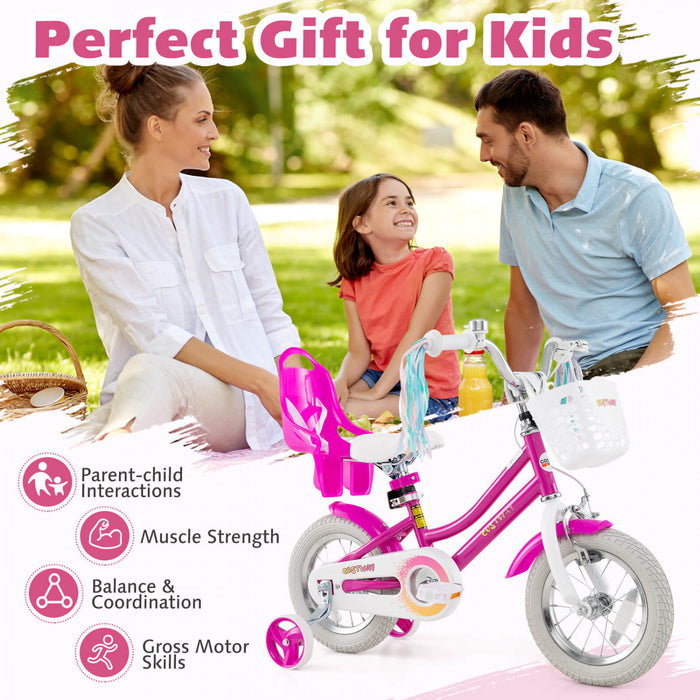 Costway 12 Pouces Enfants Velo Avec Roues D'entrainement Poupee Siege Panier Streamers Frein A Main Rose