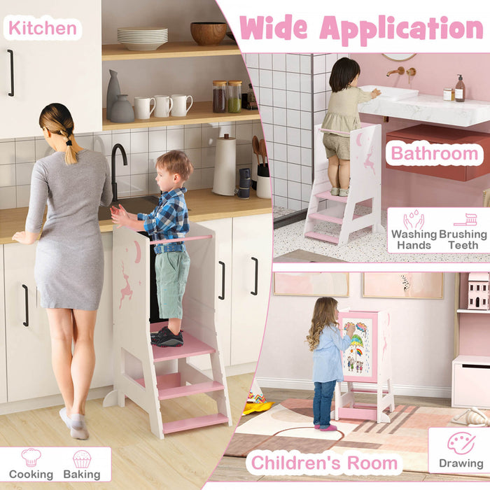 Costway Tout-petit Enfant Tabouret De Cuisine Aidant Bebe Tour Debout Avec Tableau Et Tableau Blanc Rose
