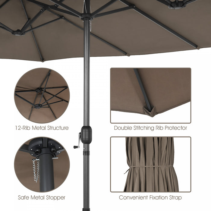 Parasol de patio jumeau double face Costway de 15 pieds, ombrage exterieur, manivelle et base de marche couleur cafe