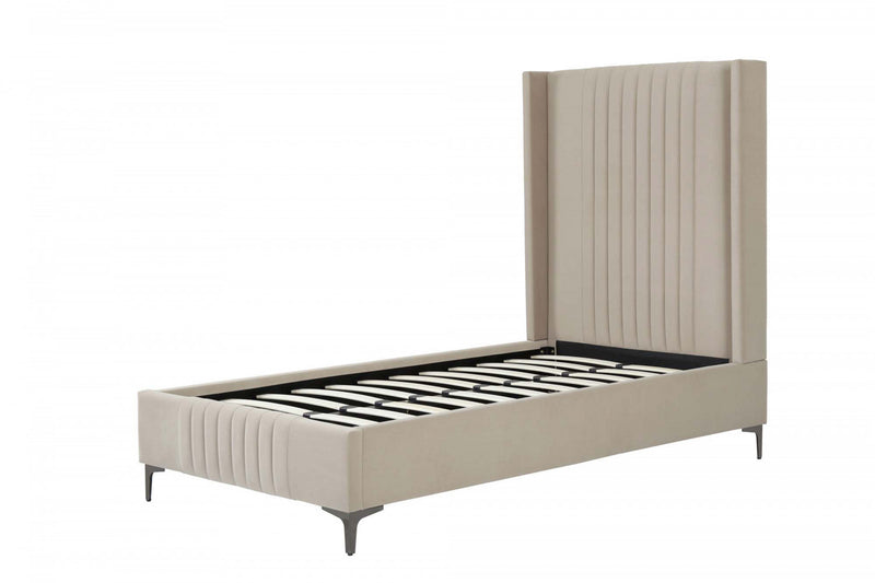 Lit jumeau Promenade de style mi-siecle moderne en velours capitonne, finition taupe rustique
