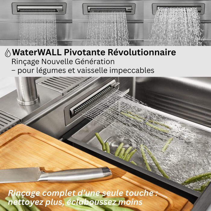 Evier poste de travail MultiSINK 45 po, double pose, 3 niveaux, robinets, rince-verre, inox - J-WP30
