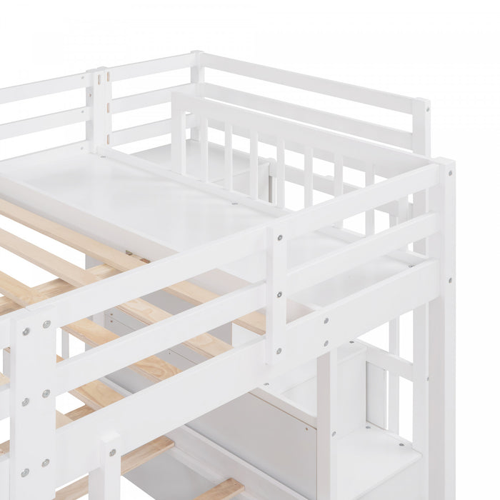 Lit Superpose Triple Simple Claire En Bois Massif Avec Tiroirs Et Barrieres De Securite - Blanc