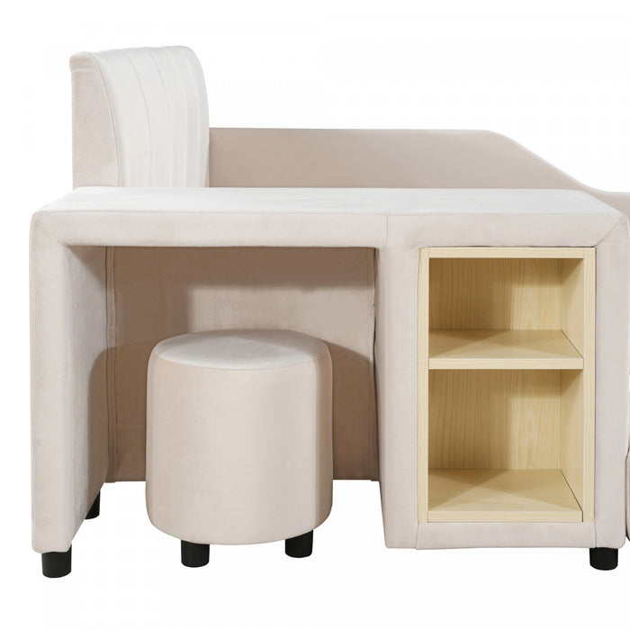Lit Lily en velours rembourre avec bureau et tabouret, taille Full, beige