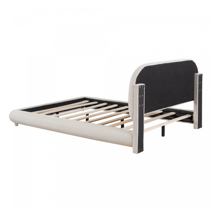 Lit plateforme Sophie rembourre en polaire Teddy avec tissu doux et cadre robuste, taille Queen, beige