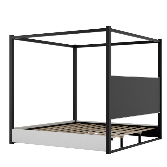Lit plateforme Sophia a baldaquin avec tete de lit en mousse et velours, taille king, noir