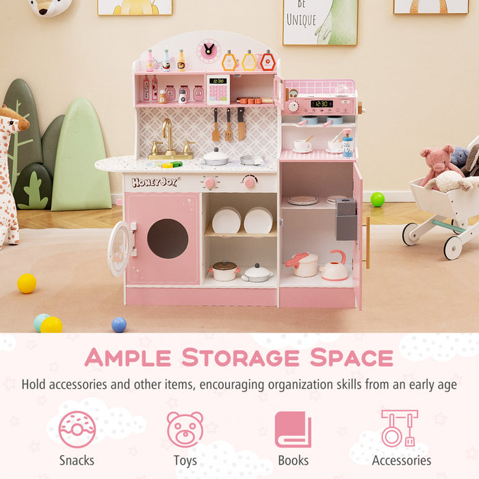 Honeyjoy Jeu De Cuisine Pour Enfants Jeu De Cuisine En Bois Avec Horloge, Micro-ondes, Evier, Plateau Rose