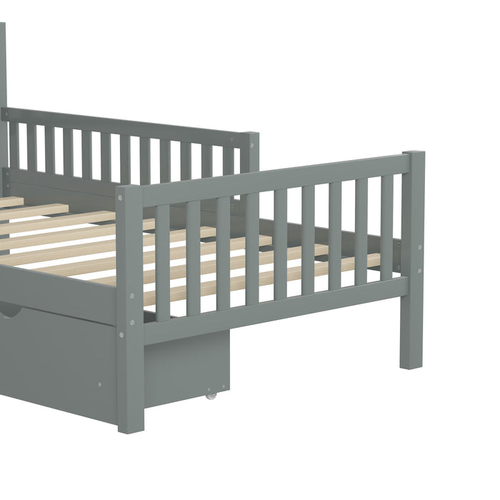 Emma – Lit Plateforme en Bois avec Barrieres de Protection et Tiroirs de Rangement, Format Simple - Gris
