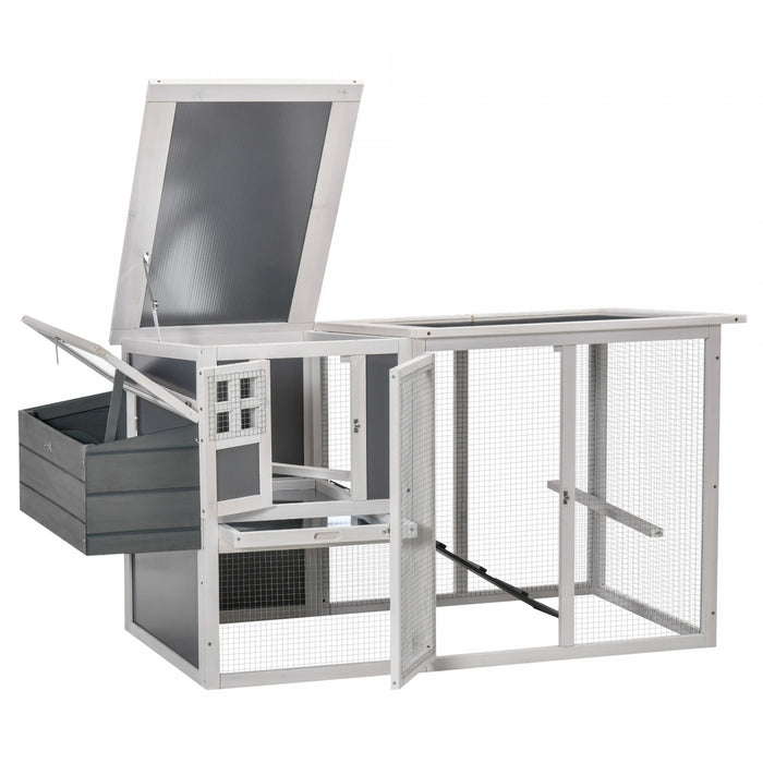 Pawhut Poulailler En Bois De 64 Cm, Poulailler Exterieur Avec Enclos Exterieur, Nichoir, Plateau Amovible, Toit En Tole Creuse Ouvrable Et Portes Verrouillables