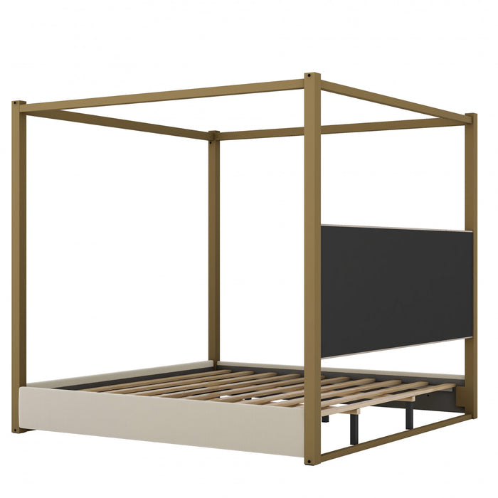 Lit plateforme Sophia a baldaquin avec tete de lit en mousse et velours, taille king, beige