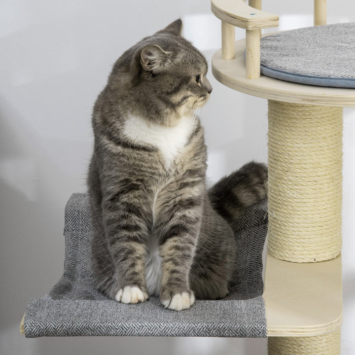Pawhut 35\" arbre A Chat, Centre D'activites Pour Chat, Jouet D'escalade De Chat En Bois, Tour De Chat Avec Lit Hamac Condo Coussin Lavable Suspension Boule Jouet Griffoir, Neutre