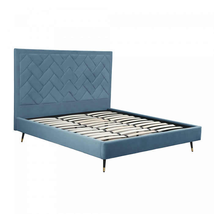 Lit king moderne Crosby en velours bleu capitonne