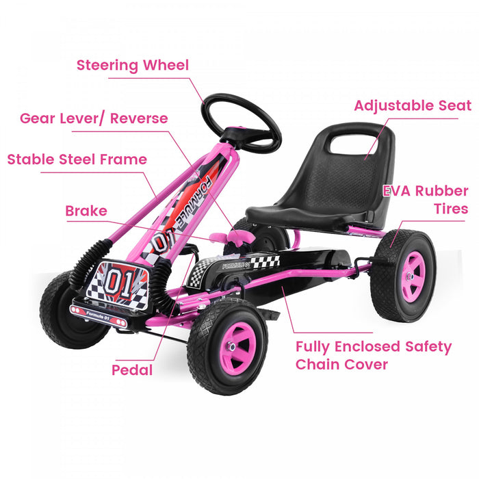 Costway Go Kart 4 Roues Pedale Alimentee Enfants Rouler Sur Jouet Avec Siege Reglable Rose
