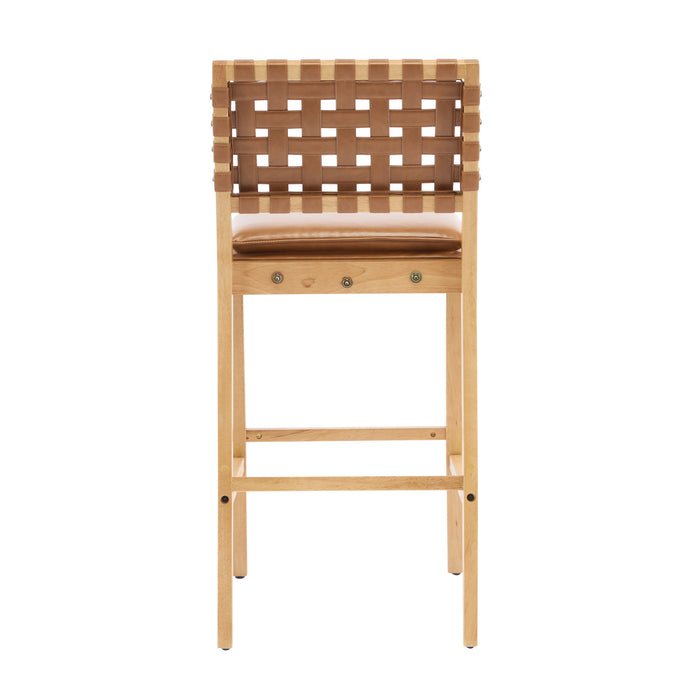 Philip – Lot de 2 tabourets de bar modernes en bois d’hevea avec dossier en tressage, finition naturelle