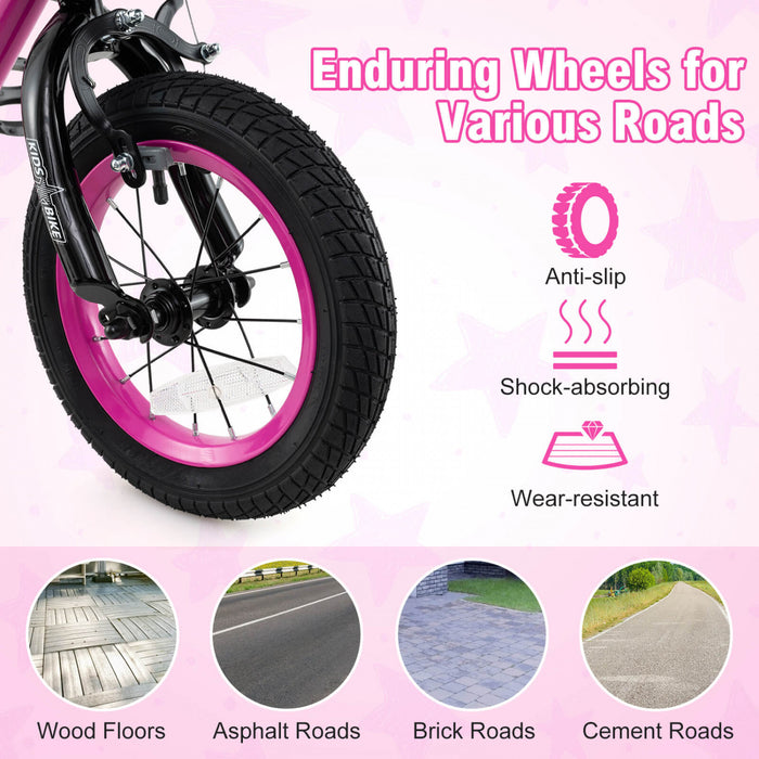 Costway 12\" Velo Pour Enfants Avec Roues D'entrainement Guidon Reglable Et Frein A Main De Siege Rose