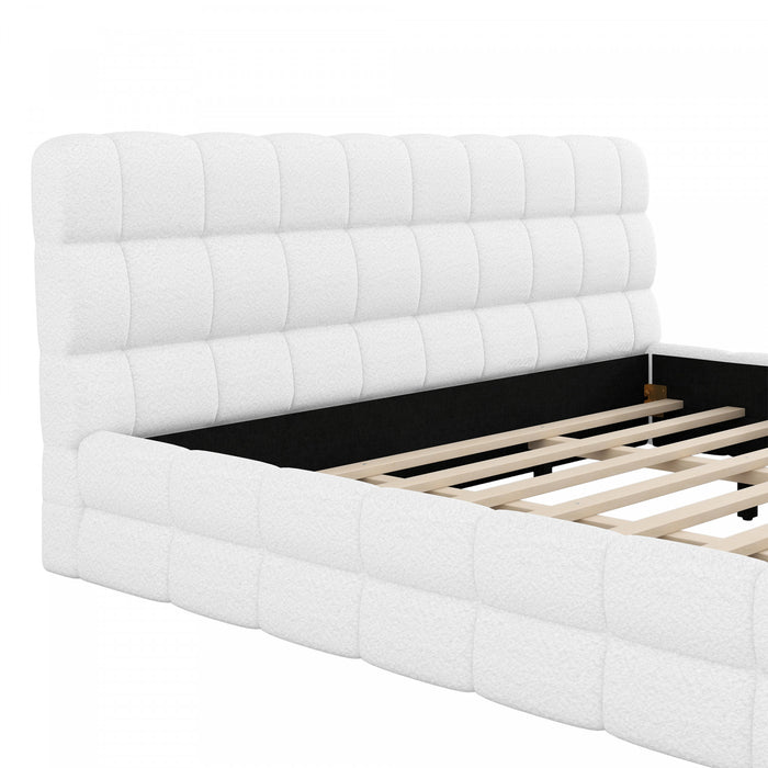 Lit plateforme moderne Emma rembourre avec structure en bois massif confortable, taille king, blanc