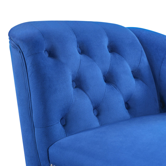 Serena Chaise Longue en Velours a Capitonnage Boutonne et Clous Decoratifs, Bleu