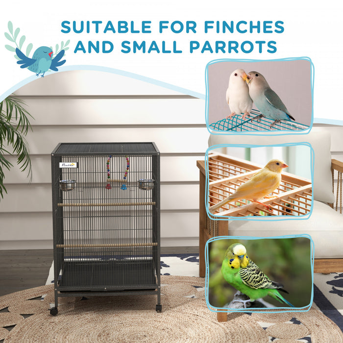 Pawhut Cage A Oiseaux 29\" Avec Support Roulant Pour Perroquets Et Pinsons, Grande Cage A Oiseaux Avec Balancoire Coloree, Bols En Acier Inoxydable, Plateau Amovible – Gris