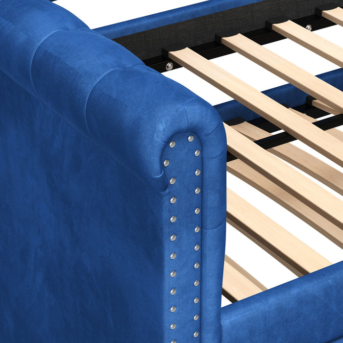 Le Daybed Sophia avec design capitonne, revetement en tissu, lit d'appoint avec trundle et dossier confortable, couleur bleue