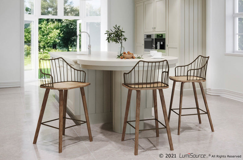 Tabouret champêtre Winston de hauteur comptoir en bois - blanchi et cuivre antique