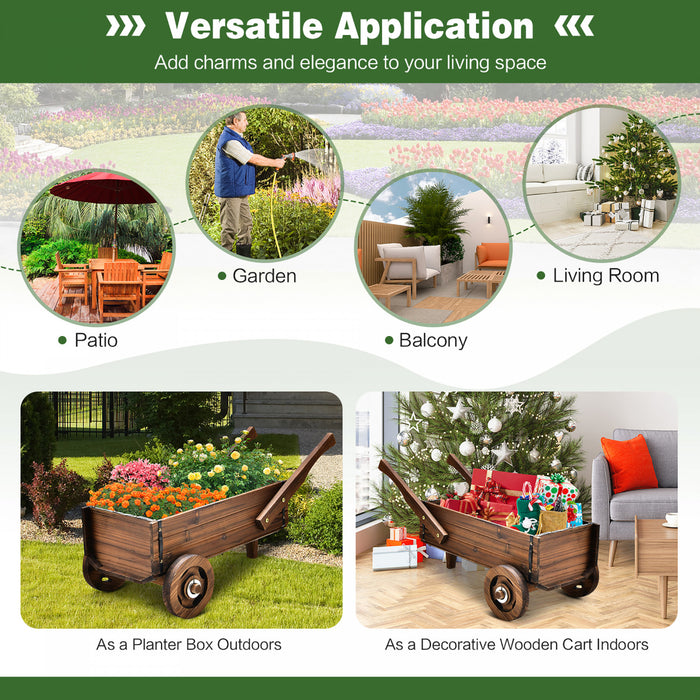 Jardiniere En Bois En Forme De Brouette, Chariot Decoratif Avec Roues, Poignees, Trou De Drainage, Support De Pot De Fleurs, Pot De Fleurs Rustique, Interieur Et Exterieur, Jardin, Terrasse, Balcon, Style Brouette