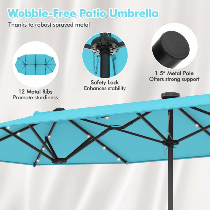 Parasol double face Costway 13 pieds avec lumiere solaire, manivelle et base de parasol turquoise